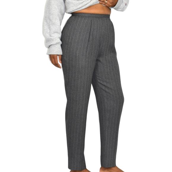 Vintage High Waisted Trousers Grey Striped Dress Pants Tapered Pleated 4 Petite - Picture 15 of 16
